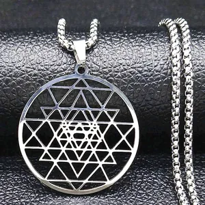 Stainless Steel Sacred Geometry Sri Yantra Pendant Necklace For Men Women Silver Mandala Meditation Spiritual Yoga Jewelry Gift
