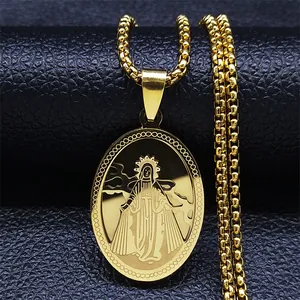 Close-up of gold Virgin Mary oval pendant and round box chain on black leather