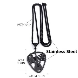 Black stainless steel guitar pick necklace with hollow musical notes and 60cm chain