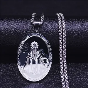 Silver vintage religious Virgin Mary medallion pendant on a stainless steel box chain