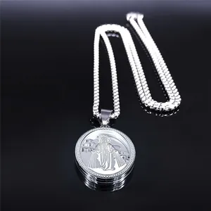 Silver round Virgin Mary medallion necklace with heavy box chain on black mirror surface