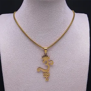 Collier avec pendentif Om Unalome et lotus doré en acier inoxydable poli pour femme