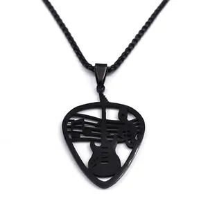Gothic black musical pendant necklace with hollow guitar and note symbols on bead chain