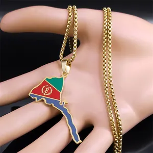 Detail of Eritrea map pendant with flag colors on a golden box chain necklace