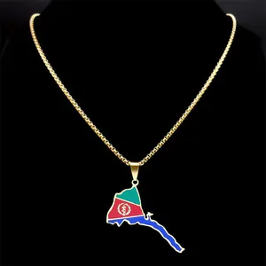 Golden Eritrea map pendant necklace with flag colors and olive branch on black background