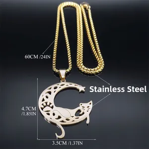 Collar de acero inoxidable con colgante de gato y luna dorada con cadena de bolas
