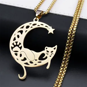 Collar con Colgante de Gato y Luna de Acero Inoxidable Joyería de Estrella de Animal en Media Luna Hueca con Cadena de Caja para Hombres y Mujeres Regalo de Moda