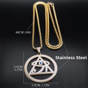 Gold-plated stainless steel necklace with Eye of Horus pyramid pendant on black background