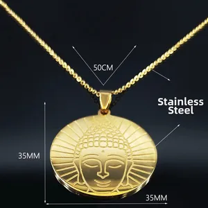 Collar de acero inoxidable dorado con colgante de Buda Amitabha, cadena de 50cm y dije de 35mm