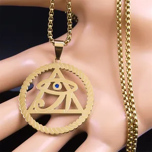 Gold plated stainless steel Eye of Horus pyramid necklace with a blue gemstone