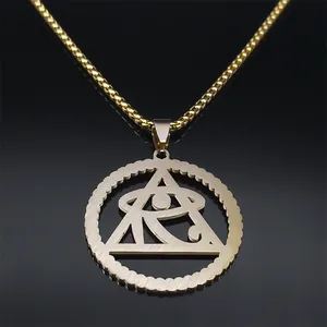 Gold plated stainless steel Eye of Horus pyramid necklace with brushed texture and box chain