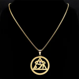 Gold plated stainless steel pyramid Eye of Horus pendant necklace on black background