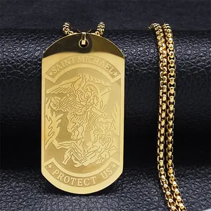Detail of Saint Michael protective shield pendant on gold stainless steel box chain