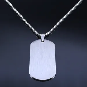 Mens silver stainless steel brushed dog tag necklace with a sturdy box chain