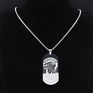 Men's stainless steel Saint Michael Archangel shield pendant necklace on black display