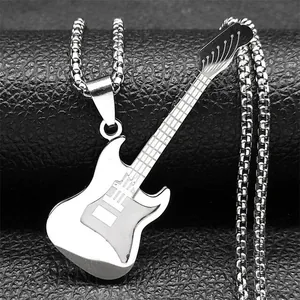 Detail of polished stainless steel electric guitar pendant on a classic box chain