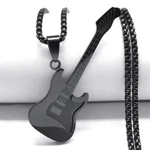 Detail of a black electric guitar pendant with fine textures on a chunky square link chain
