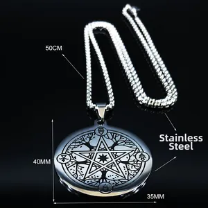 Zilveren roestvrijstalen ketting met pentagram en levensboom hanger met weefketting