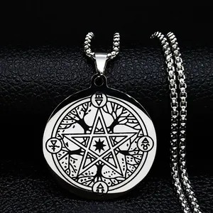 Roestvrij Staal Pentagram Levensboom Hanger Halsketting Occult Symbool Ronde Medaille Venetiaanse Ketting Unisex Gothic Cadeau