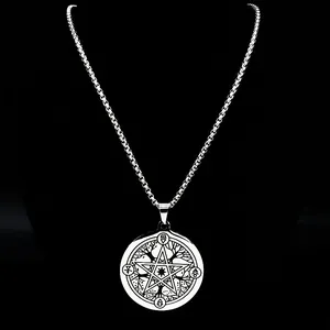 Zilverkleurige roestvrijstalen ketting met levensboom hanger en pentagram symbool