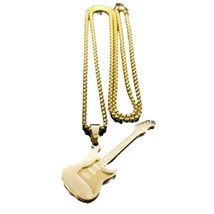 Golden electric guitar pendant necklace in punk rock style with a sleek bead chain