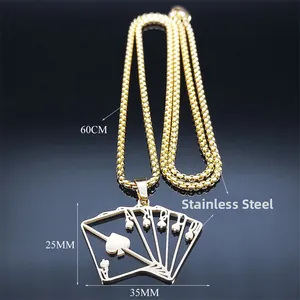 Gold stainless steel ace of spades poker necklace with 60cm chain for men and women