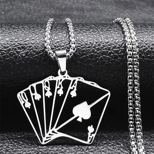 Ace of Spades Royal Flush stainless steel poker pendant necklace on black leather surface