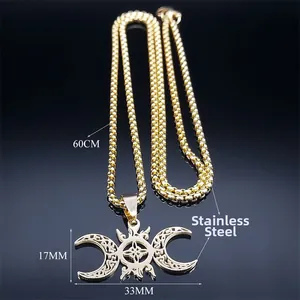 Gold stainless steel triple moon celtic knot necklace with 60cm chain dimensions