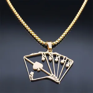 Hip hop lucky spade poker card pendant necklace in gold stainless steel for men and women