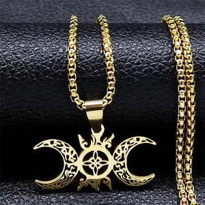 Stainless Steel Triple Moon Goddess Pendant Necklace Gothic Celtic Knot Hollow Out Wicca Jewelry For Women Men Gift