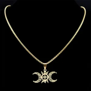 Golden stainless steel triple moon goddess pendant necklace on a sleek black background