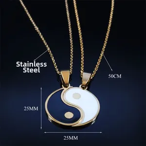 Gold plated stainless steel yin yang pendant necklace for couples with 50cm chain