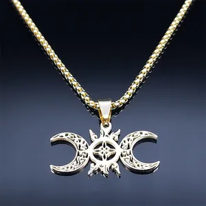 Gold triple moon goddess necklace with celtic knot pendant on polished square pearl chain