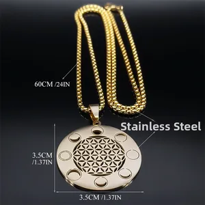 Collier doré en acier inoxydable avec pendentif fleur de vie et mandala phases de lune