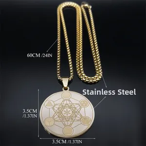 Metatron's Cube sacred geometry pendant necklace in gold stainless steel with 60cm chain