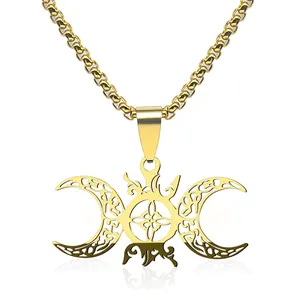 Golden Triple Moon Goddess pendant necklace with intricate cutout star design and chain