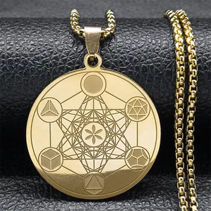 Metatron's Cube Sacred Geometry Necklace Stainless Steel Flower Of Life Pendant Round Disc Box Chain Vintage Unisex Spiritual Jewelry