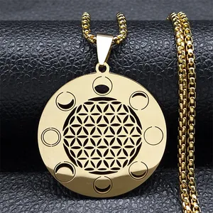 Collier Mandala Fleur De Vie En Acier Inoxydable Phases De La Lune Géométrie Sacrée Pendentif Ajouré Chaîne Box Pour Hommes Femmes Bijoux Spirituels