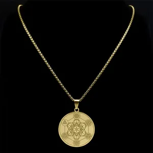 Golden Flower of Life stainless steel necklace with sacred geometry pendant on black background