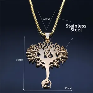 Goldene Lebensbaum-Kette aus Edelstahl mit Yin-Yang-Anhänger und 60cm langer Kugelkette