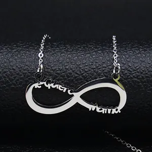Vue détaillée du collier infini argenté avec gravure Te quiero mama sur le pendentif