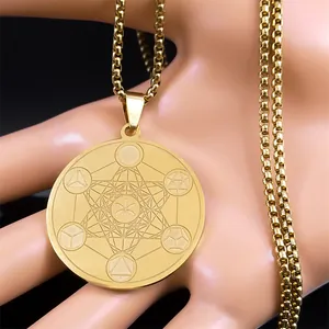Metatron's Cube sacred geometry pendant necklace in gold-plated stainless steel for men women