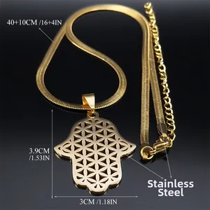 Collier Main de Fatma en acier inoxydable avec pendentif Fleur de Vie sur fond noir