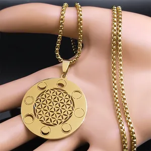Collier fleur de vie doré avec phases de lune et chaîne maille jante épaisse