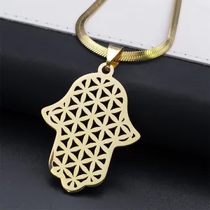 Collier Pendentif Main De Fatma En Acier Inoxydable Vintage Pour Femme Fleur De Vie Géométrie Sacrée Mailles Serpent Bijoux Ethniques