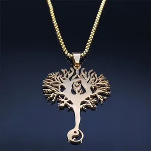 Goldene Lebensbaum-Halskette mit Tai Chi Symbol an polierter Kugelkette