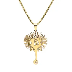 Goldene Lebensbaum-Kette mit Yin-Yang-Anhänger aus Edelstahl auf weißem Hintergrund