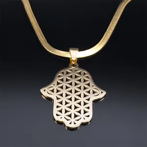 Collier Main de Fatma doré vintage avec motif Fleur de Vie et chaîne serpent élégante