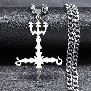 Collier Pendentif Croix Renversée Trident en Acier Inoxydable Bijoux Punk Hip Hop Gothique pour Homme Femme Fête