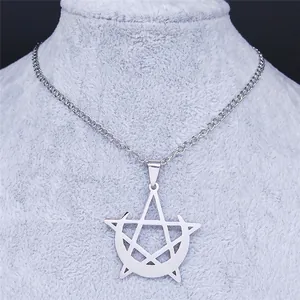 Gothic silver stainless steel necklace with pentagram star pendant on jewelry display